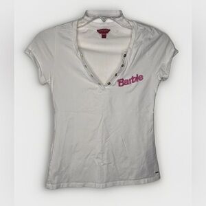 Y2K BARBIE Pink Embroidered Logo T Shirt GUESS white V Neck Sexy Cute EUC Small